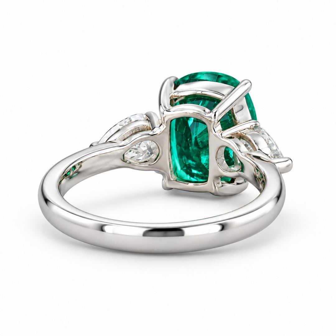 The Elysian — Cushion Three-Stone Emerald Ring in 14K white gold, back and setting