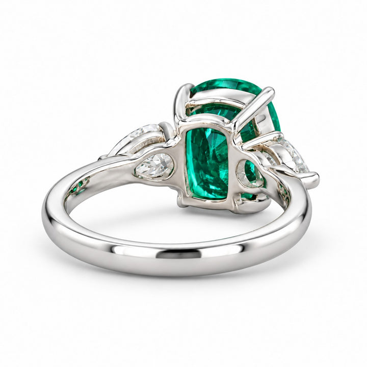 The Elysian — Cushion Three-Stone Emerald Ring in 14K white gold, back and setting