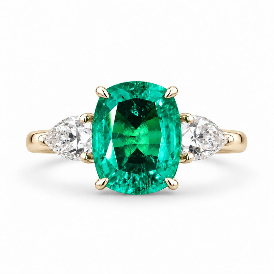 The Elysian — Cushion Three-Stone Emerald Ring