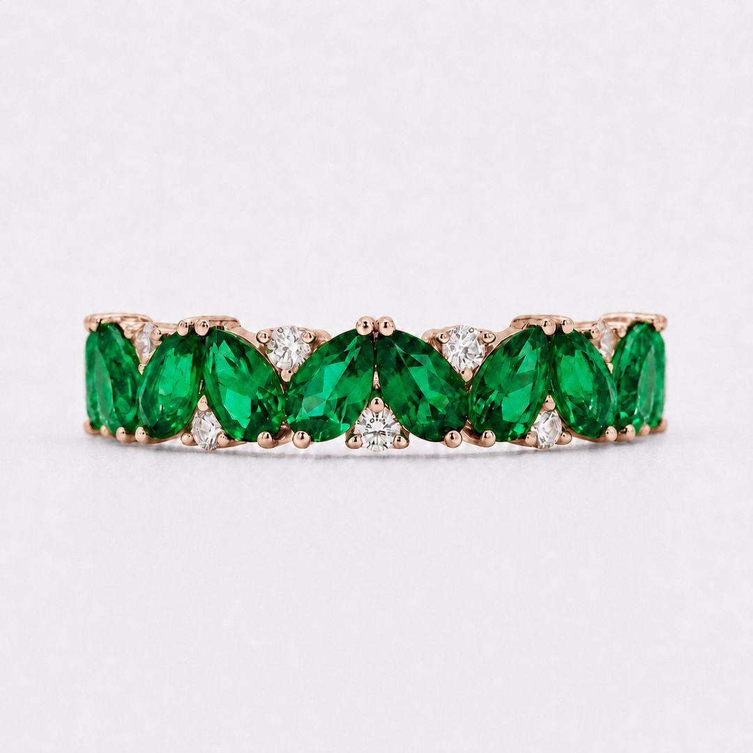Emerald & Diamond Pear-Cut Eternity Ring in Solid Gold (4mm, 2.88ctw)