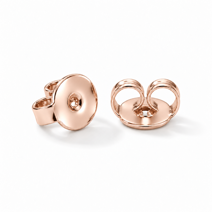 Earring back detail in 14K rose gold — secure push-back