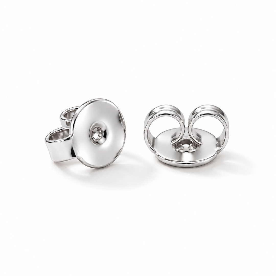 Earring back detail in 14K white gold — secure push-back