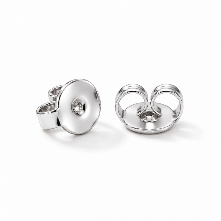 Earring back detail in 14K white gold — secure push-back