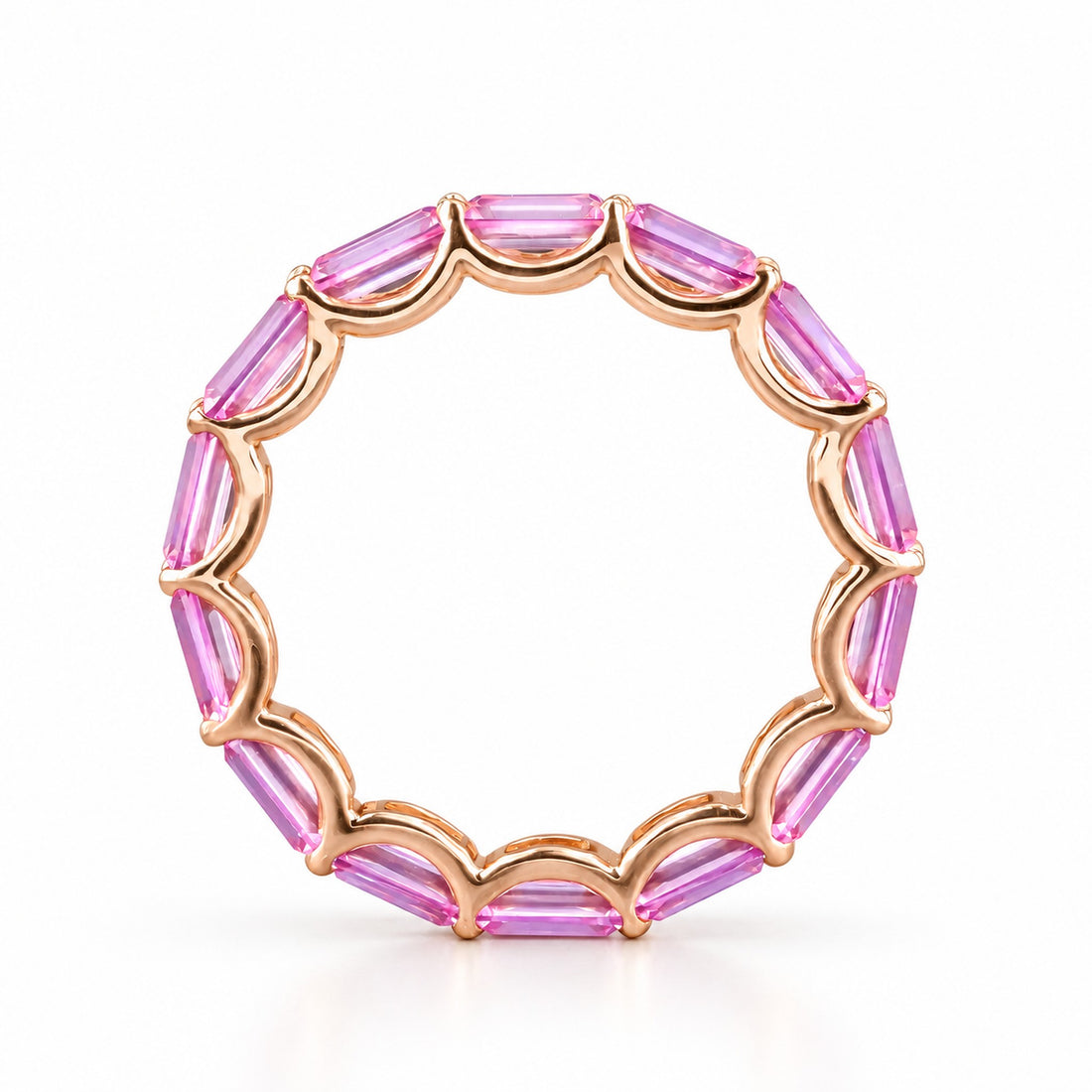 East-West Emerald-Cut Pink Sapphire Eternity Band (2.5x5mm, 3.50ctw) in rose gold, profile view