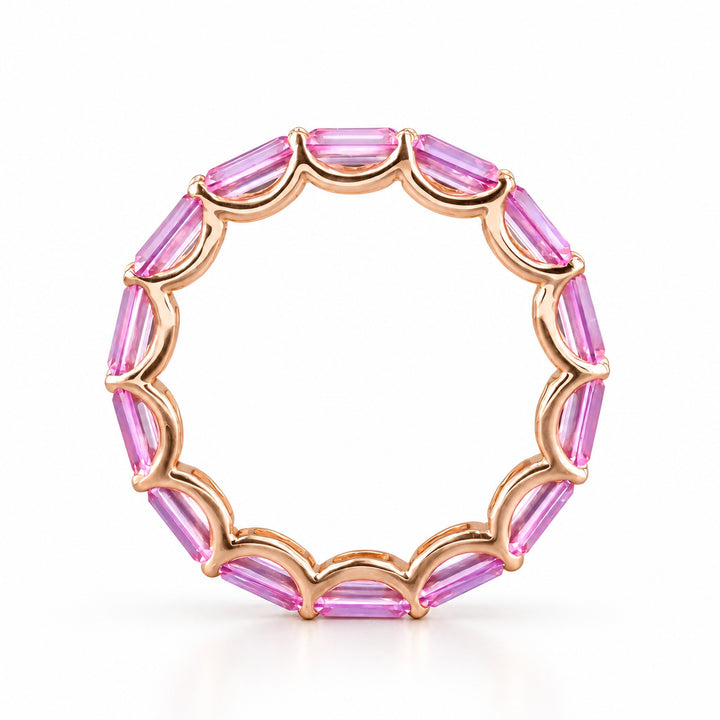 East-West Emerald-Cut Pink Sapphire Eternity Band (2.5x5mm, 3.50ctw) in rose gold, profile view