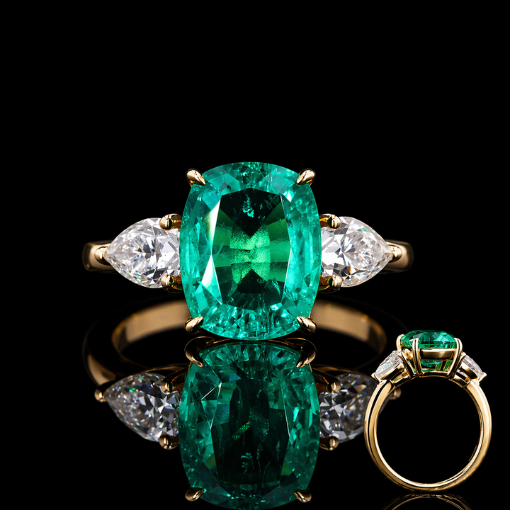 The Elysian — Cushion Three-Stone Emerald Ring