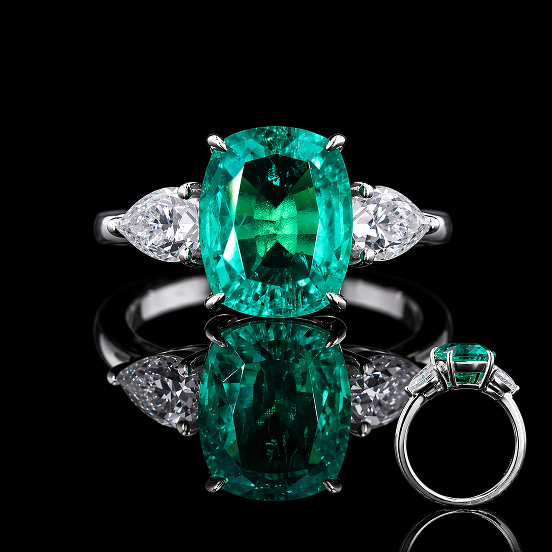 The Elysian — Cushion Three-Stone Emerald Ring