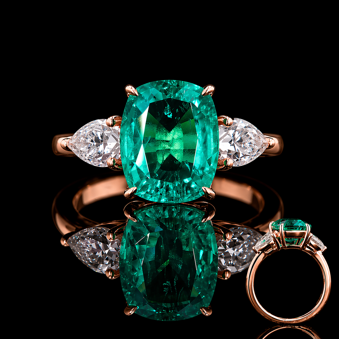 The Elysian — Cushion Three-Stone Emerald Ring