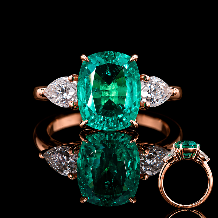 The Elysian — Cushion Three-Stone Emerald Ring