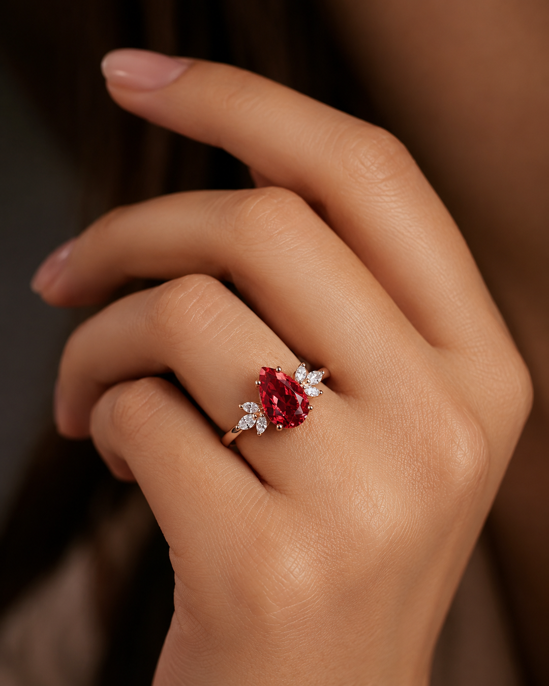 The Ember Laurel — Marquise Diamond Accent Pear Ruby Ring
