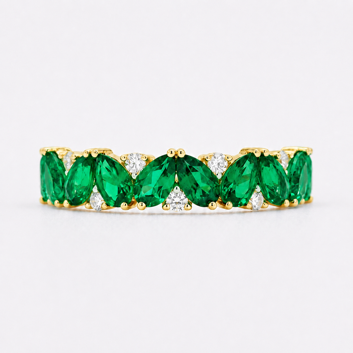 Emerald & Diamond Pear-Cut Eternity Ring in Solid Gold (4mm, 2.88ctw)
