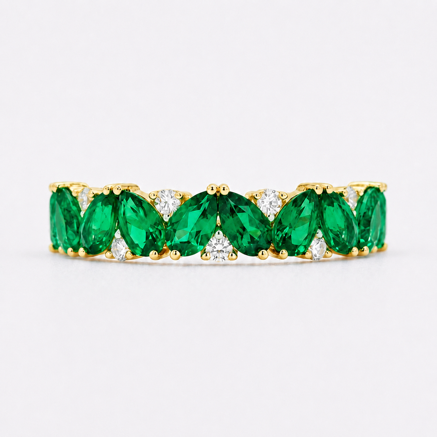 Emerald & Diamond Pear-Cut Eternity Ring in Solid Gold (4mm, 2.88ctw)