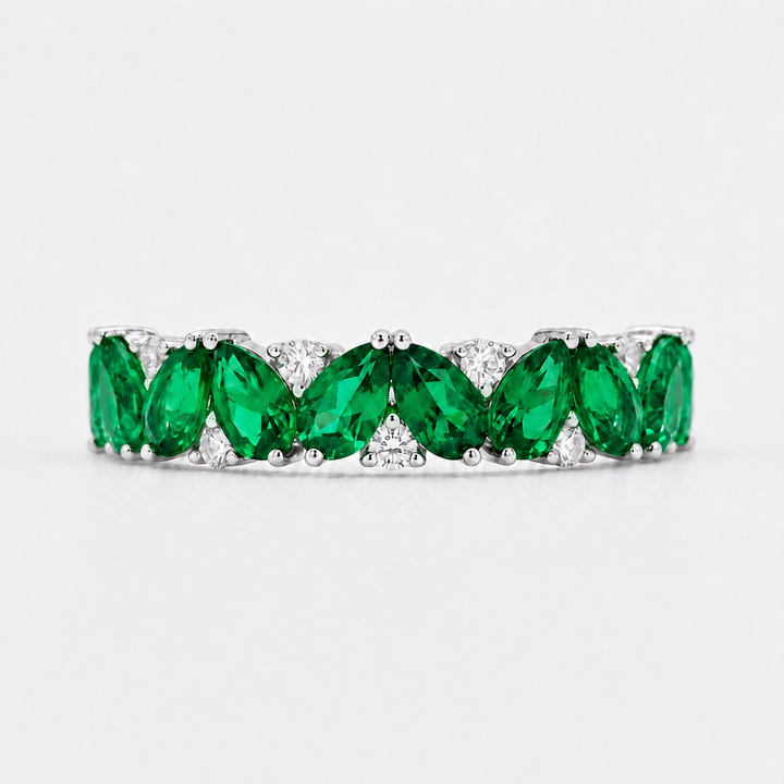 Emerald & Diamond Pear-Cut Eternity Ring in Solid Gold (4mm, 2.88ctw)