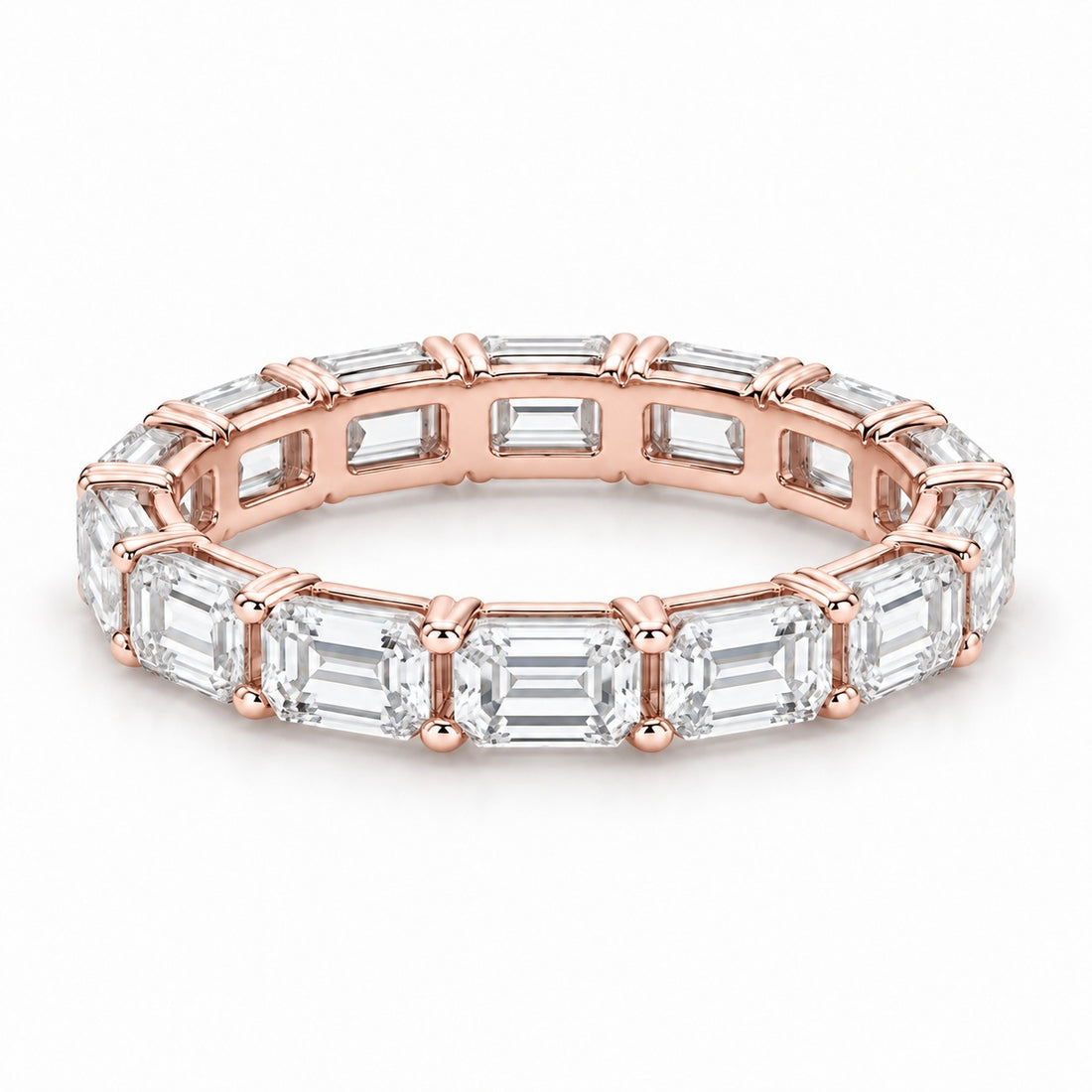 Emerald-cut lab-grown diamond eternity band, 4x3mm, 14K rose gold, angled view