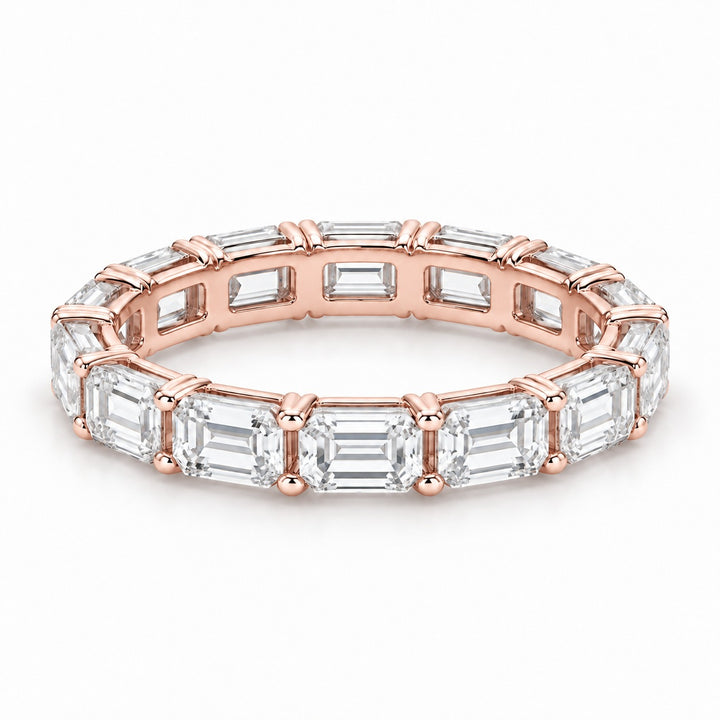 Emerald-cut lab-grown diamond eternity band, 4x3mm, 14K rose gold, angled view