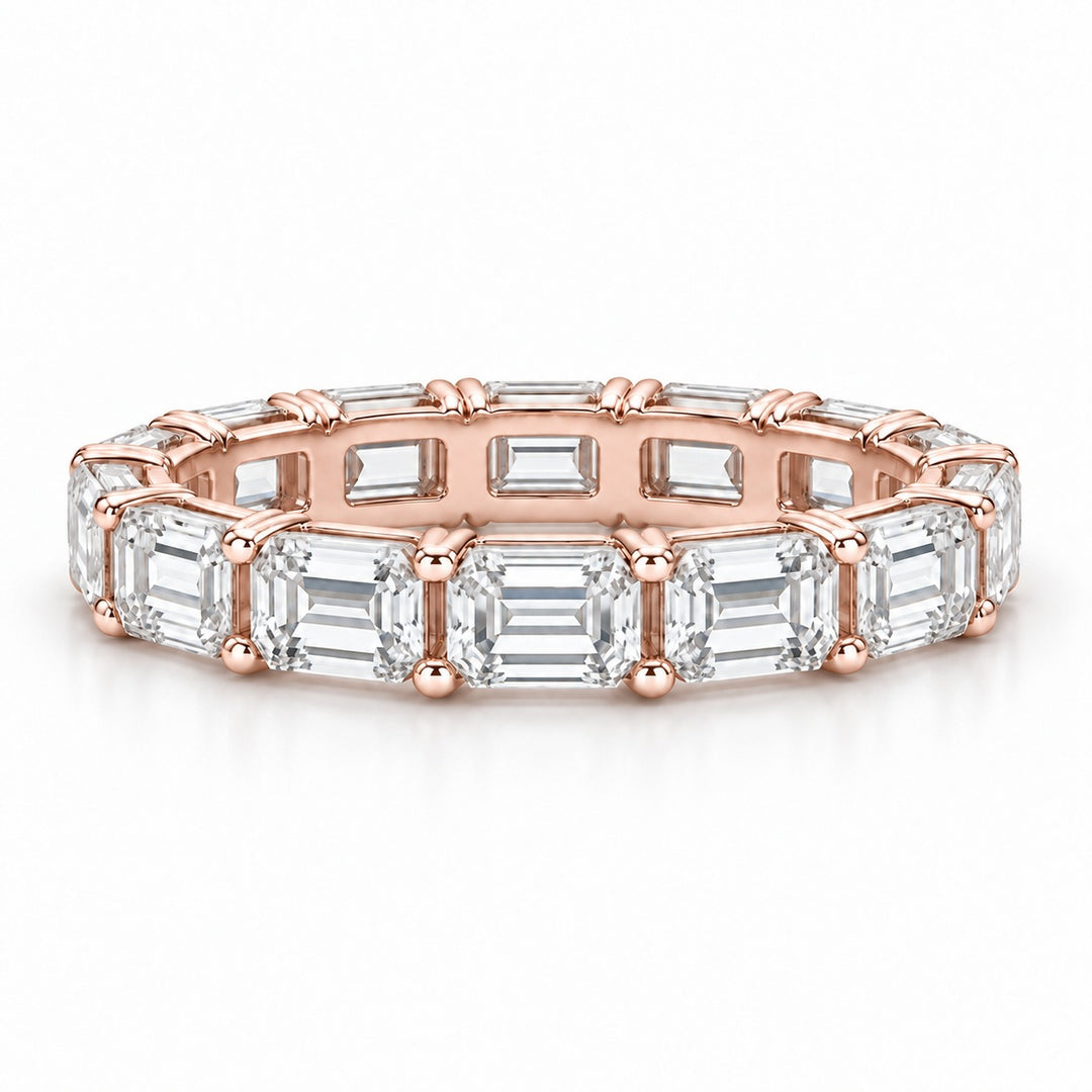 Emerald-cut lab-grown diamond eternity band, 4x3mm, 14K rose gold, front view