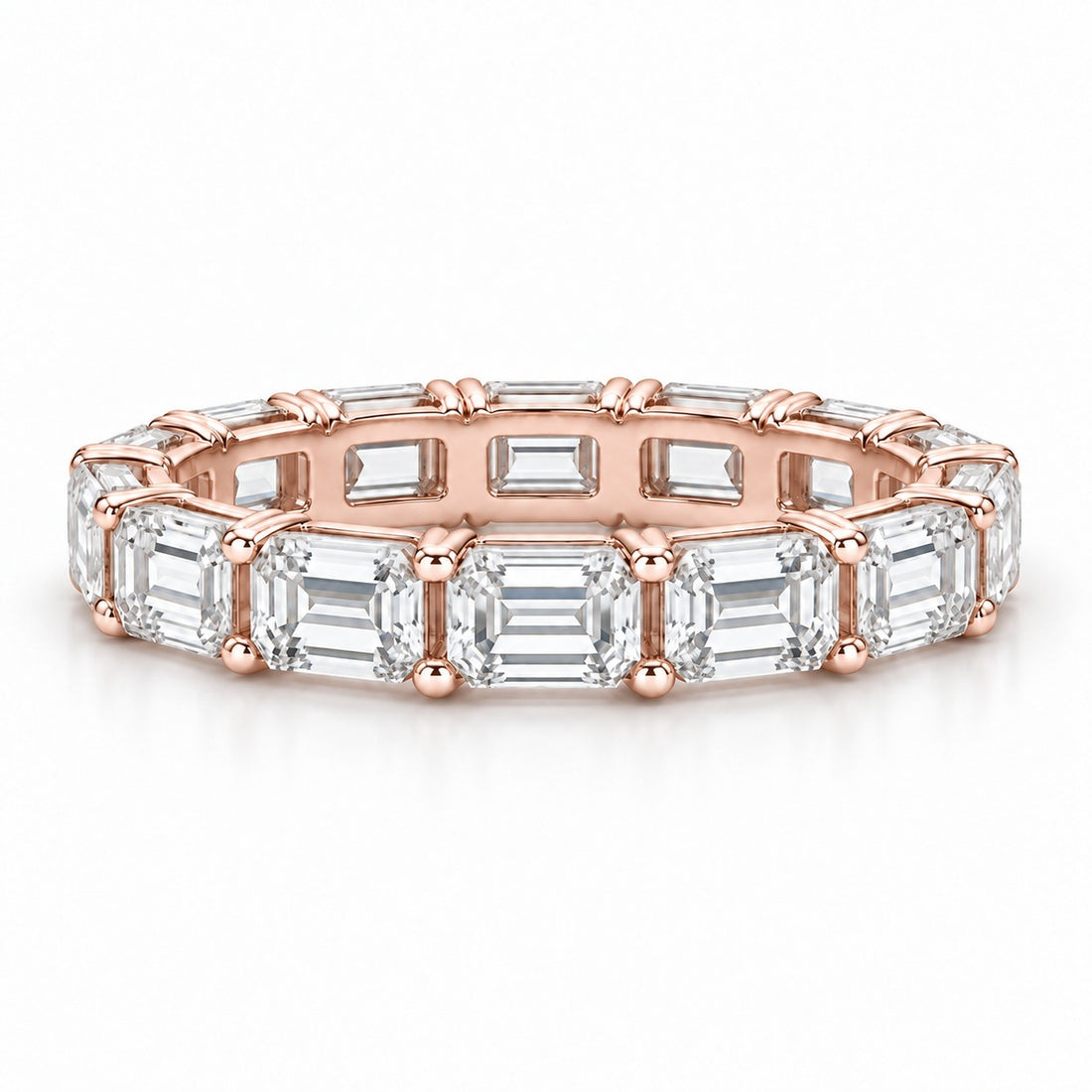Emerald-cut lab-grown diamond eternity band, 4x3mm, 14K rose gold, front view