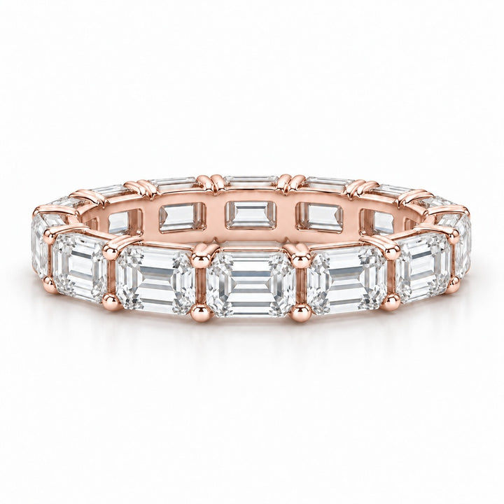 Emerald-cut lab-grown diamond eternity band, 4x3mm, 14K rose gold, front view