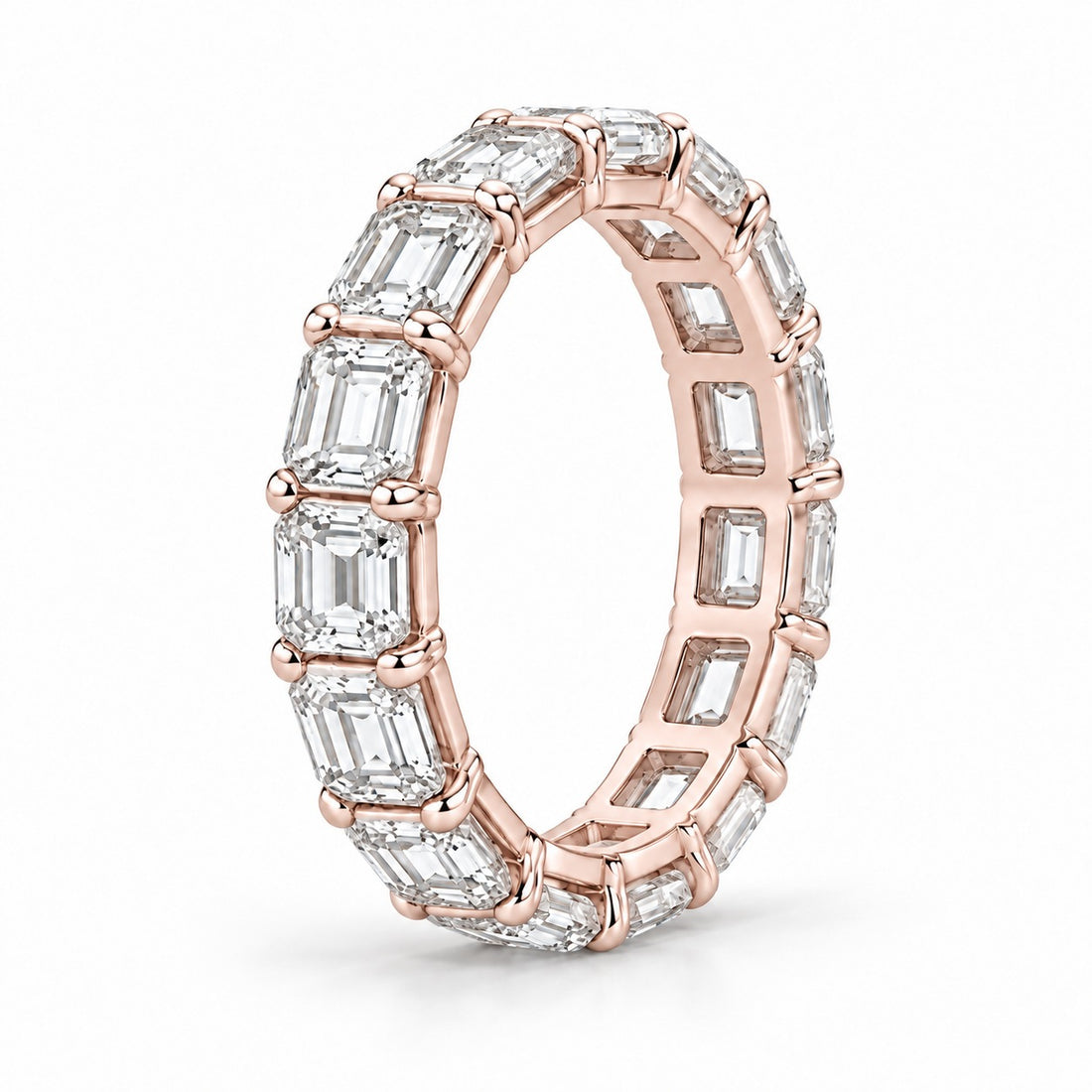 Emerald-cut lab-grown diamond eternity band, 4x3mm, 14K rose gold, side profile