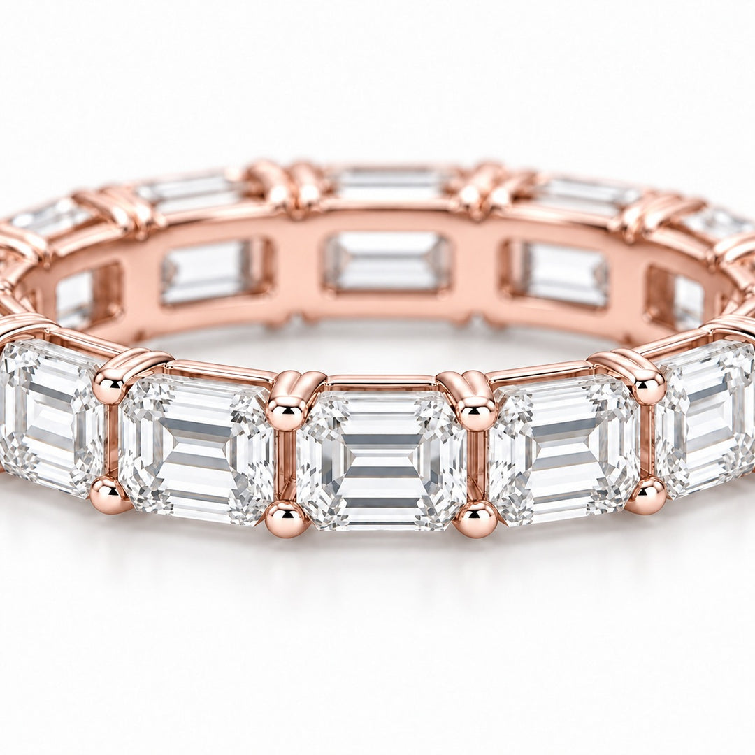 Emerald-cut lab-grown diamond eternity band, 4x3mm, 14K rose gold, close-up of the stones