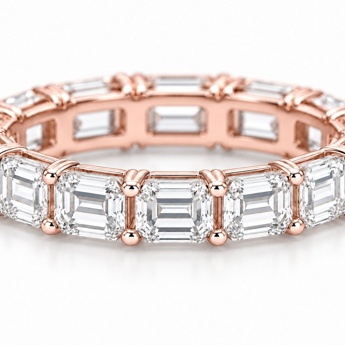 Emerald-cut lab-grown diamond eternity band, 4x3mm, 14K rose gold, close-up of the stones