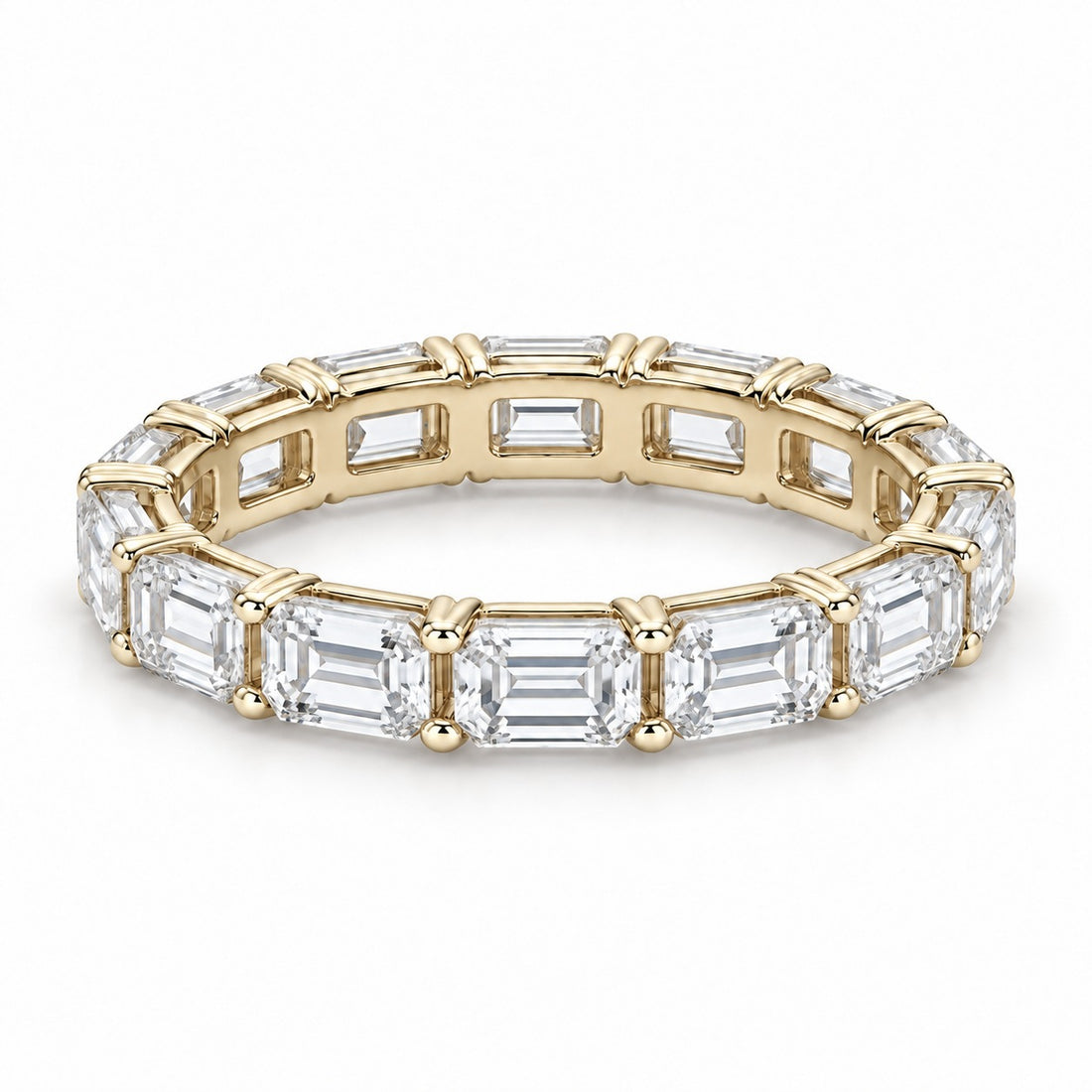 Emerald-cut lab-grown diamond eternity band, 4x3mm, 14K yellow gold, angled view