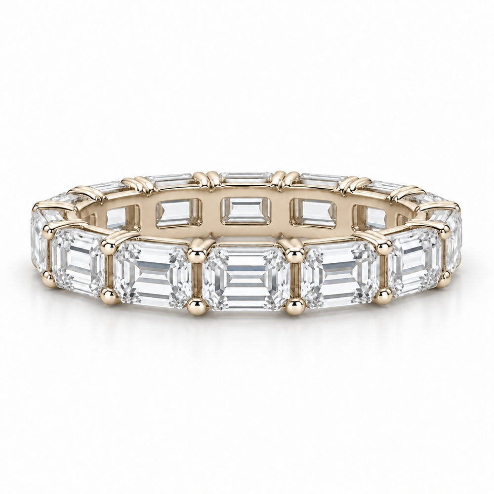 Emerald-cut lab-grown diamond eternity band, 4x3mm, 14K yellow gold, front view