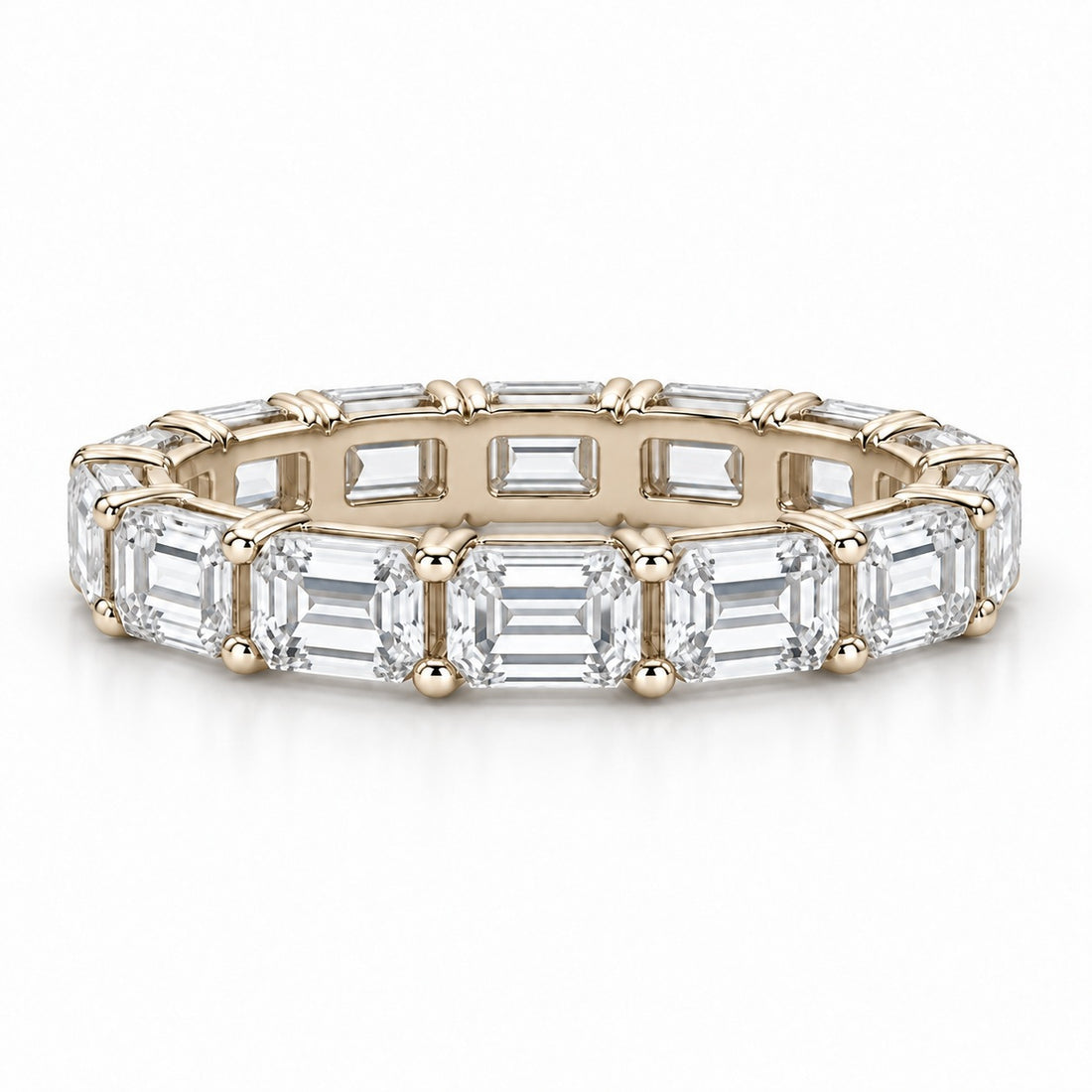 Emerald-cut lab-grown diamond eternity band, 4x3mm, 14K yellow gold, front view