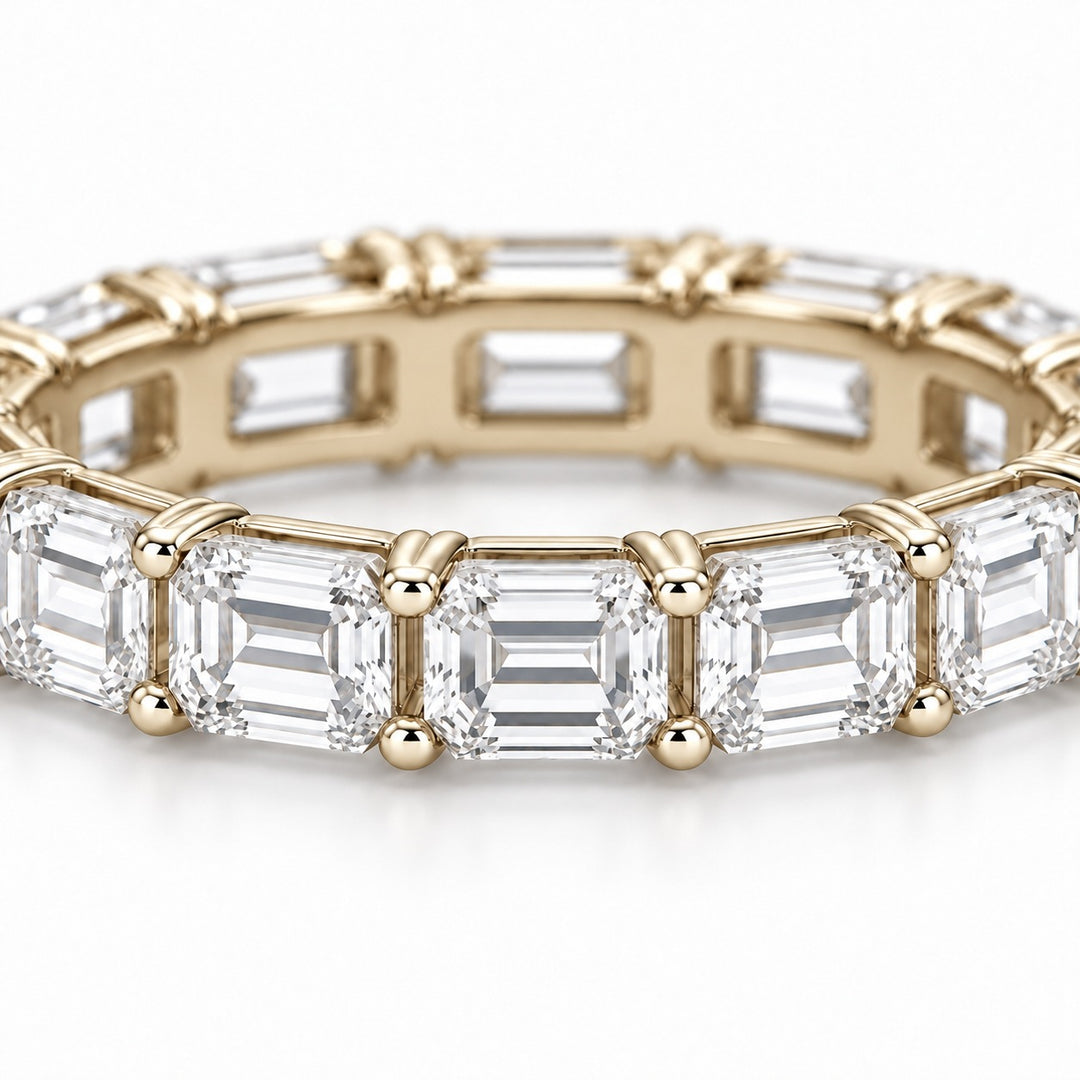 Emerald-cut lab-grown diamond eternity band, 4x3mm, 14K yellow gold, close-up of the stones