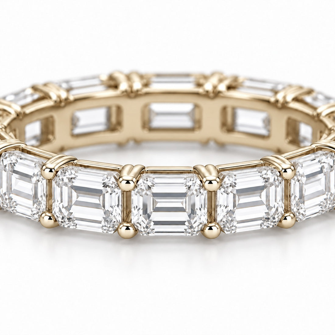 Emerald-cut lab-grown diamond eternity band, 4x3mm, 14K yellow gold, close-up of the stones