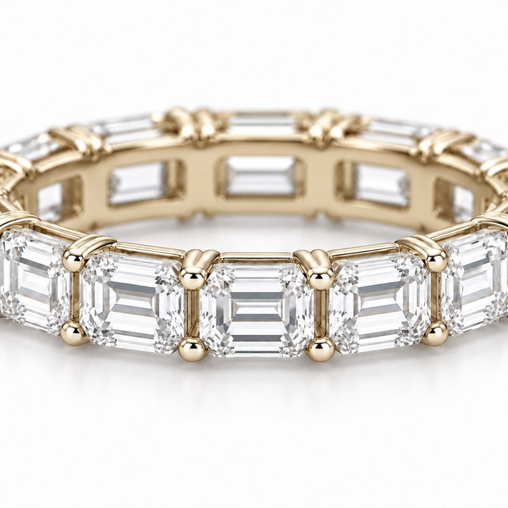 Emerald-cut lab-grown diamond eternity band, 4x3mm, 14K yellow gold, close-up of the stones