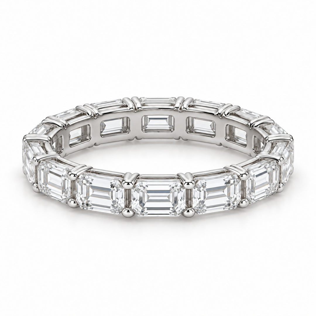 Emerald-cut lab-grown diamond eternity band, 4x3mm, 14K white gold, angled view