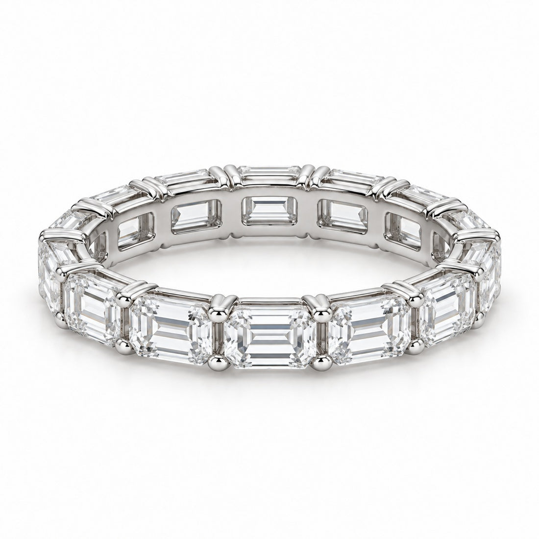 Emerald-cut lab-grown diamond eternity band, 4x3mm, 14K white gold, angled view