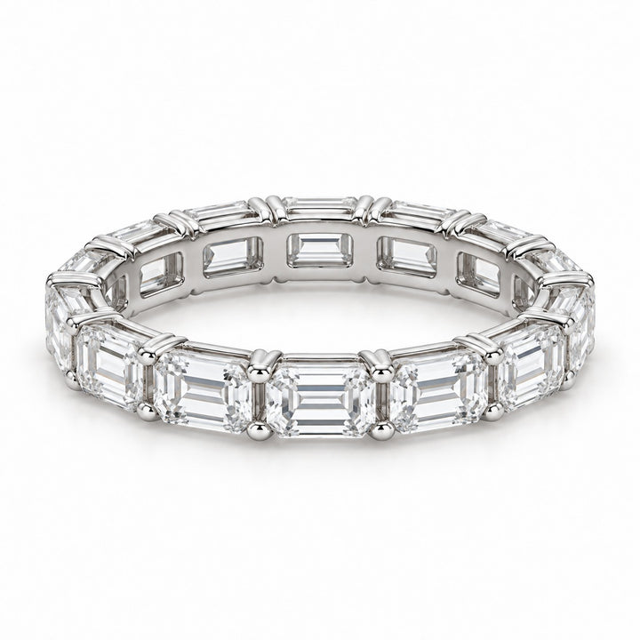 Emerald-cut lab-grown diamond eternity band, 4x3mm, 14K white gold, angled view
