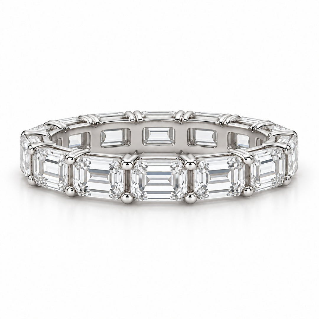 Emerald-cut lab-grown diamond eternity band, 4x3mm, 14K white gold, front view