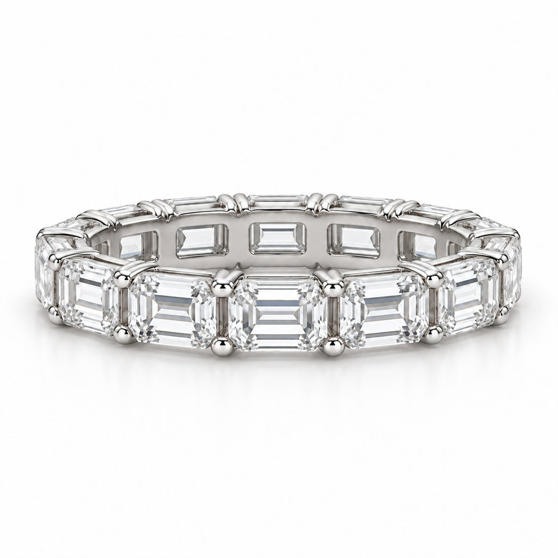 Emerald-cut lab-grown diamond eternity band, 4x3mm, 14K white gold, front view