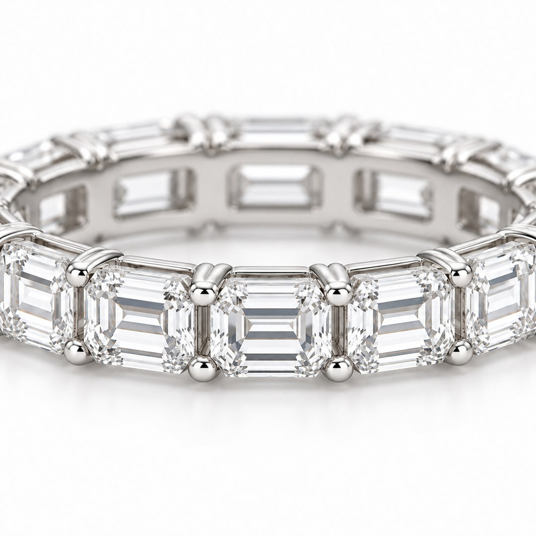 Emerald-cut lab-grown diamond eternity band, 4x3mm, 14K white gold, close-up of the stones