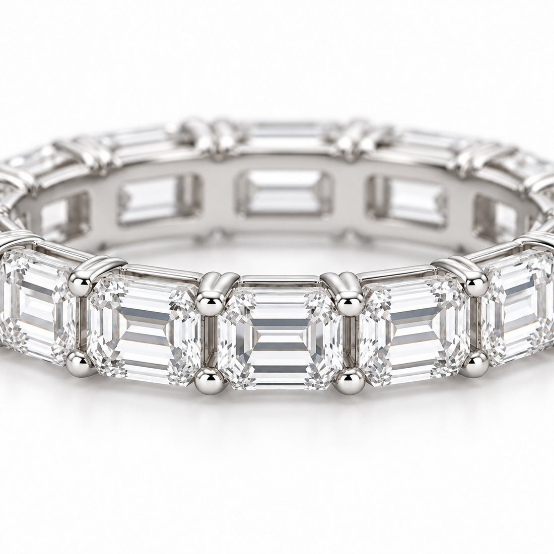 Emerald-cut lab-grown diamond eternity band, 4x3mm, 14K white gold, close-up of the stones