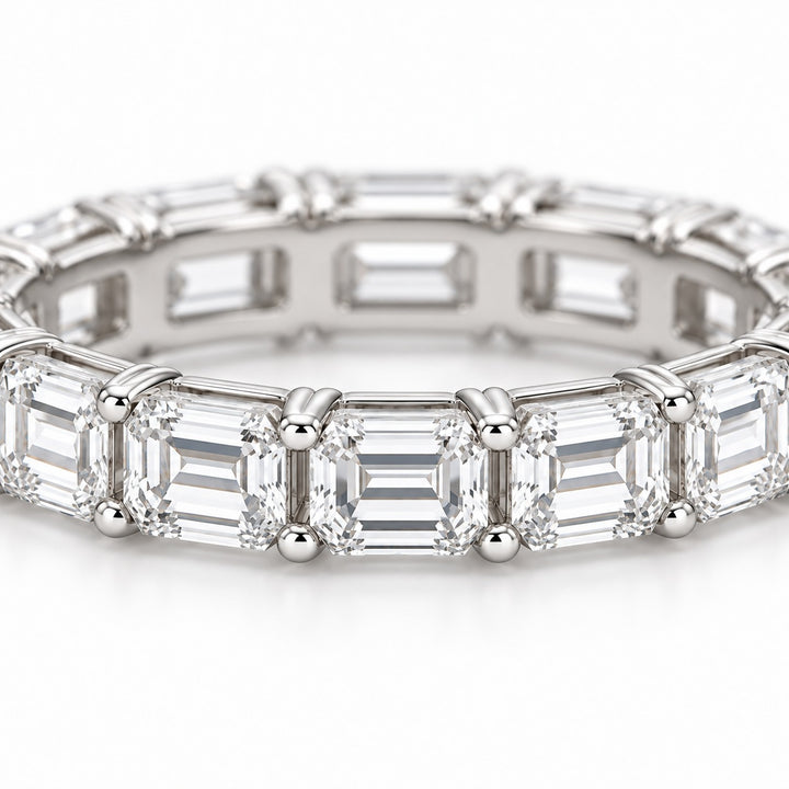 Emerald-cut lab-grown diamond eternity band, 4x3mm, 14K white gold, close-up of the stones