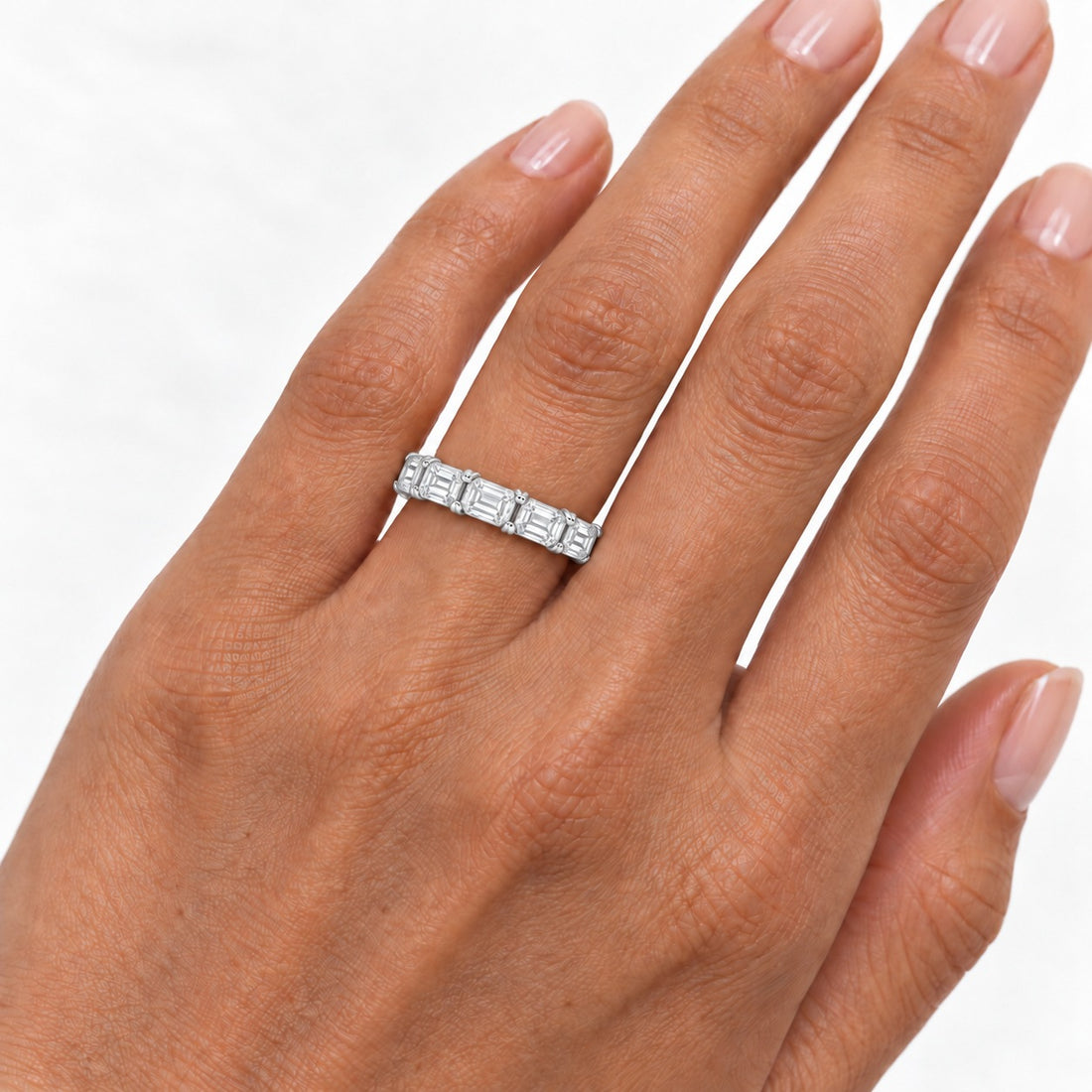 Emerald-cut lab-grown diamond eternity band, 4x3mm, 14K white gold, on the hand