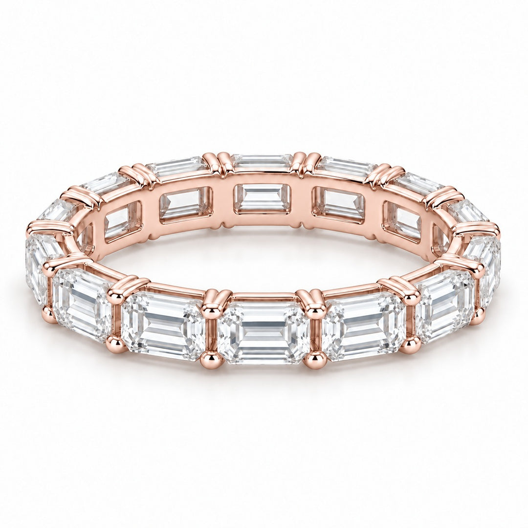Emerald-cut lab-grown diamond eternity band, 5x3.5mm, 14K rose gold, angled view