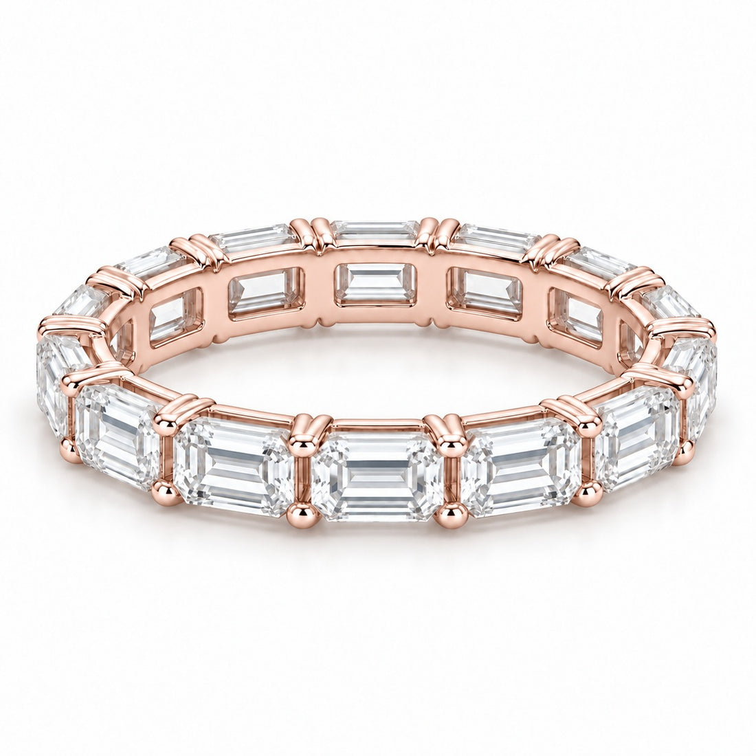 Emerald-cut lab-grown diamond eternity band, 5x3.5mm, 14K rose gold, angled view