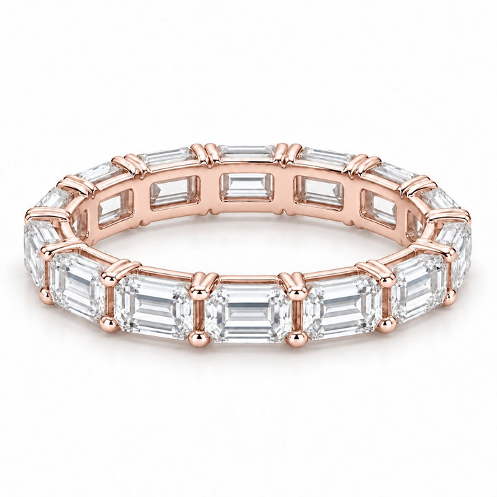 Emerald-cut lab-grown diamond eternity band, 5x3.5mm, 14K rose gold, angled view