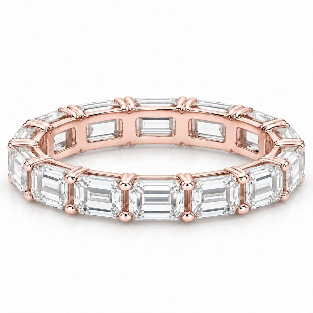 Emerald-cut lab-grown diamond eternity band, 5x3.5mm, 14K rose gold, front view