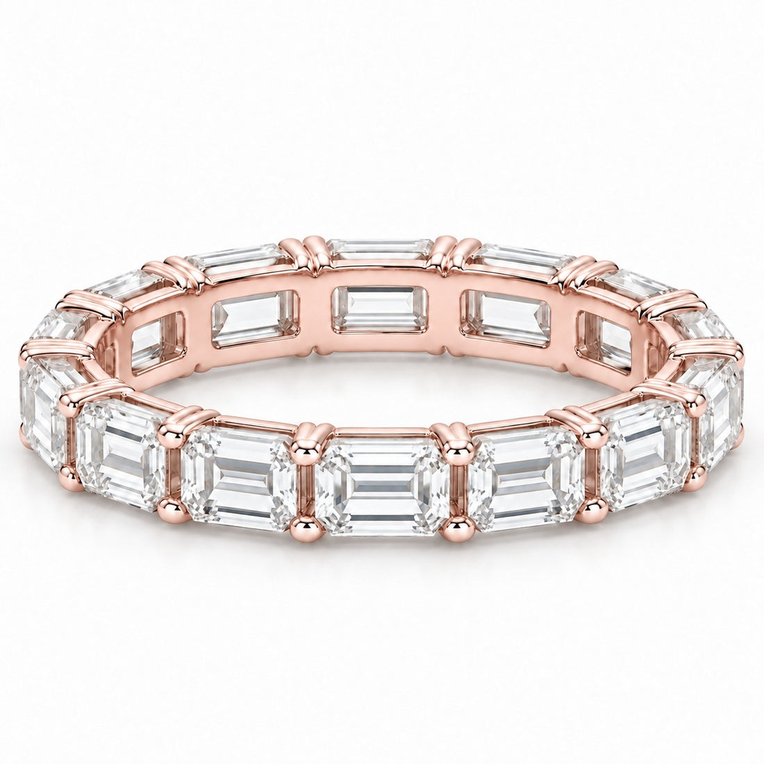 Emerald-cut lab-grown diamond eternity band, 5x3.5mm, 14K rose gold, front view