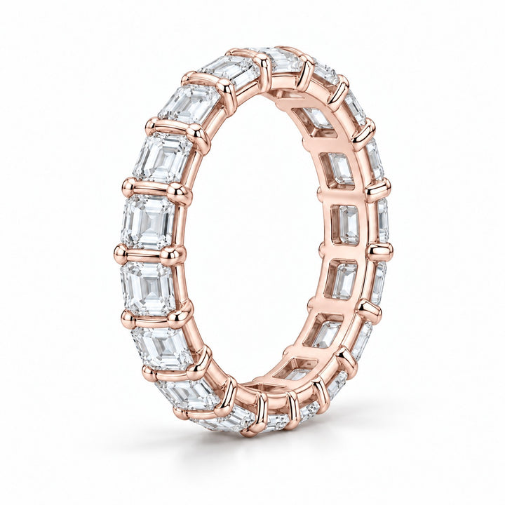 Emerald-cut lab-grown diamond eternity band, 5x3.5mm, 14K rose gold, side profile