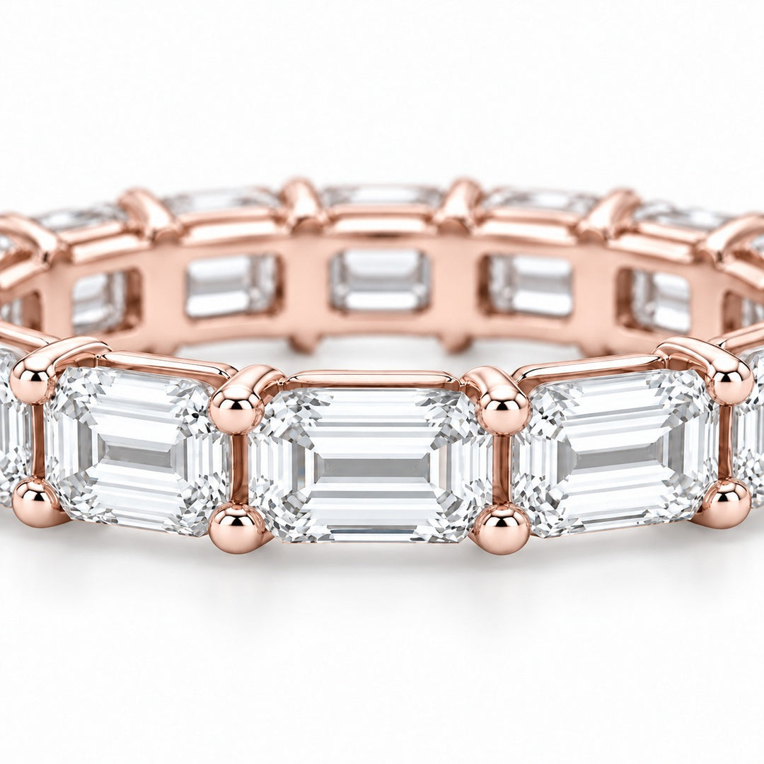 Emerald-cut lab-grown diamond eternity band, 5x3.5mm, 14K rose gold, close-up of the stones