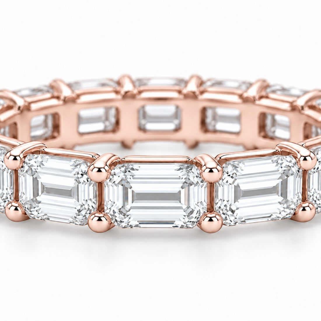 Emerald-cut lab-grown diamond eternity band, 5x3.5mm, 14K rose gold, close-up of the stones