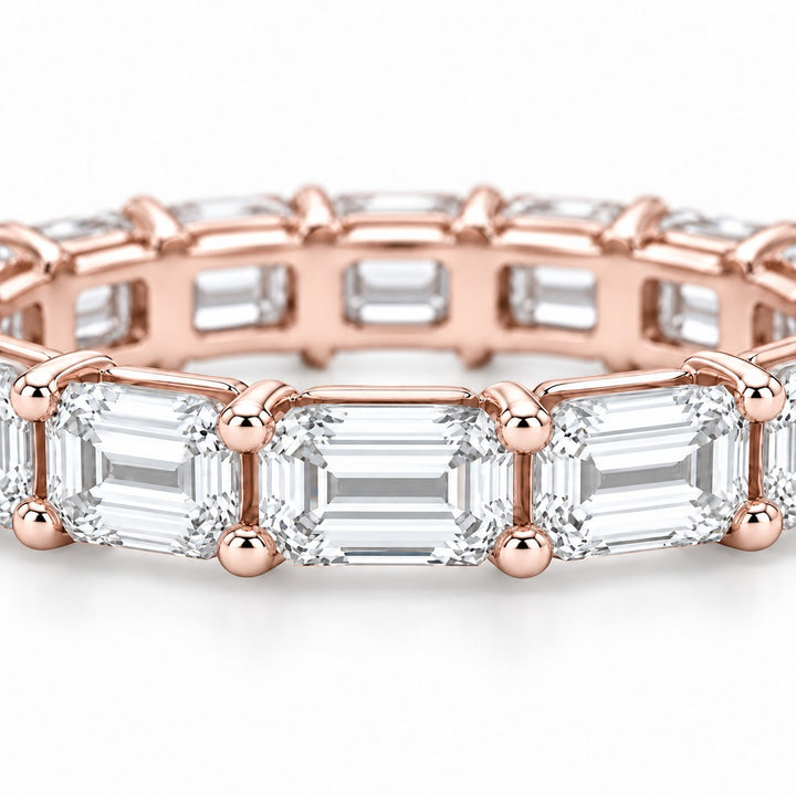 Emerald-cut lab-grown diamond eternity band, 5x3.5mm, 14K rose gold, close-up of the stones