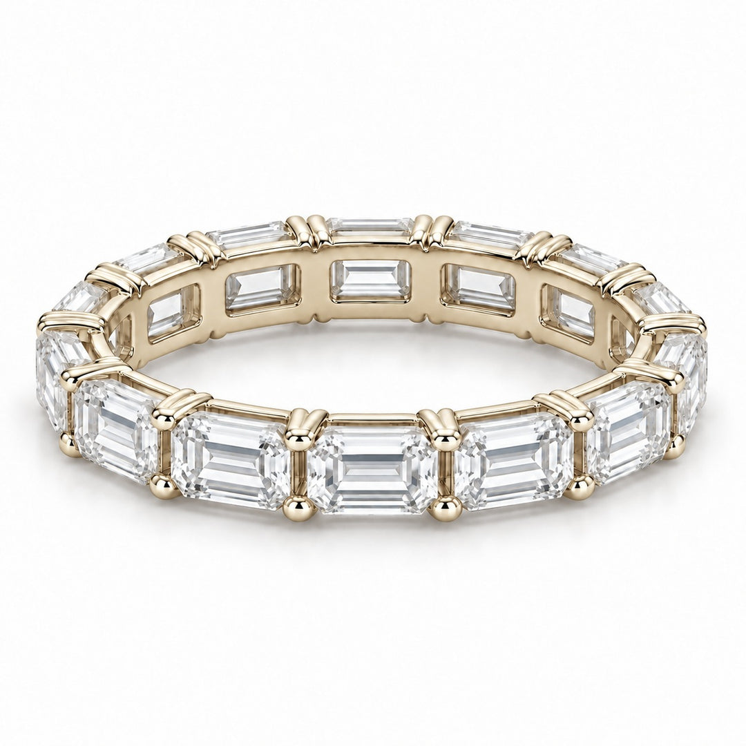 Emerald-cut lab-grown diamond eternity band, 5x3.5mm, 14K yellow gold, angled view